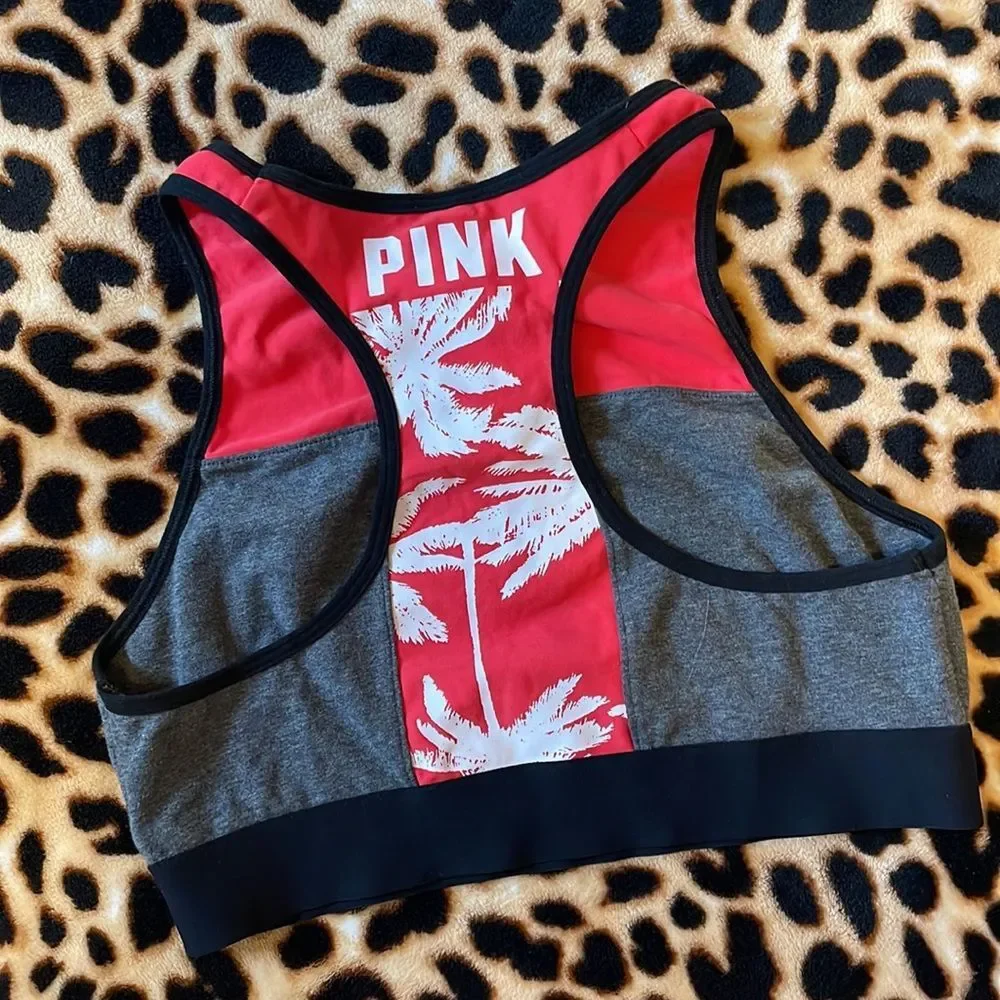 •PINK•VSP HIGH NECK BLACK/RED/GREY RACERBACK CROP SPORTS BRA SIZE MEDIUM